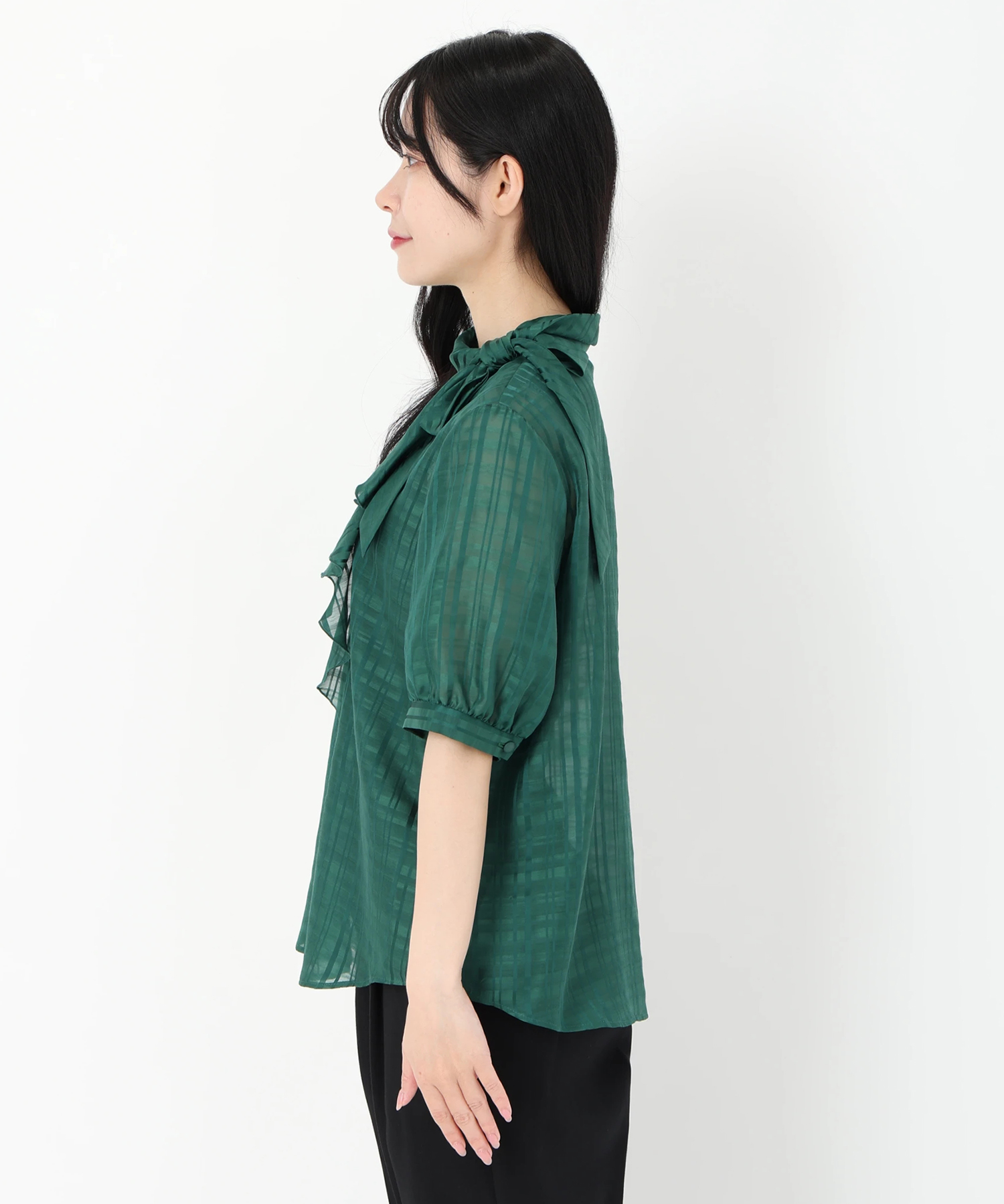 DRAWER ドゥロワー/2024　シアーチェックフリルシャツ　ブラウス　リボン DRAWER ドゥロワー/2024 シアーチェックフリルシャツ ブラウス リボン