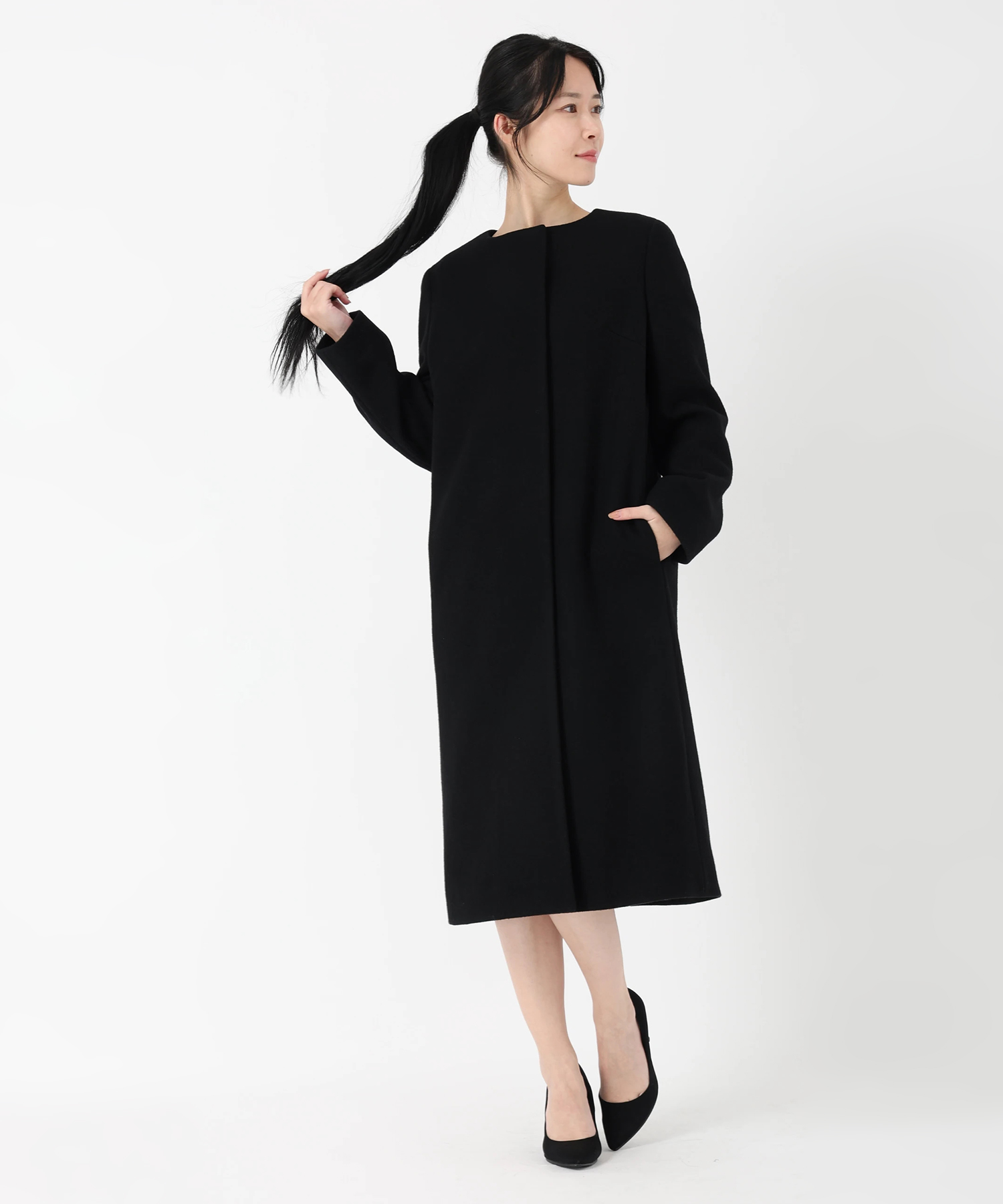 【タグ付新品】STRAWBERRY-FIELDS ノーカラーロングコート 黒 STRAWBERRY-FIELDS（ストロベリーフィールズ）｜ウールノーカラー