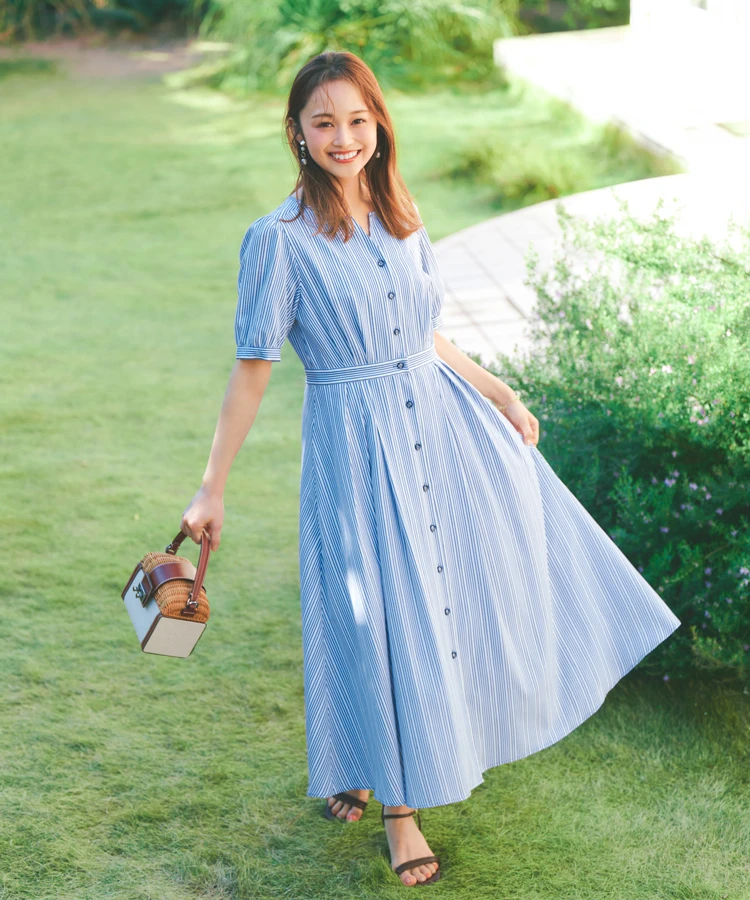 STRAWBERRY-FIELDS(ストロベリーフィールズ) |ストライプノーカラーフィット＆フレアーワンピース