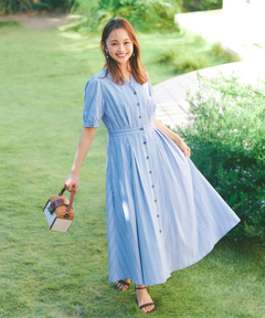 STRAWBERRY-FIELDS(ストロベリーフィールズ) |ストライプノーカラーフィット＆フレアーワンピース