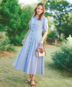 STRAWBERRY-FIELDS(ストロベリーフィールズ) |ストライプノーカラーフィット＆フレアーワンピース