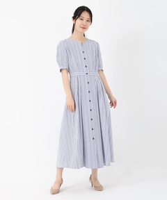 STRAWBERRY-FIELDS(ストロベリーフィールズ) |ストライプノーカラーフィット＆フレアーワンピース