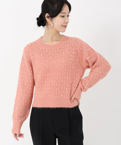 現行品　値札つき　ストロベリーフィールズ　ピンクベージュ　リボンアートニット 現行品 値札つき ストロベリーフィールズ ピンクベージュ リボンアート