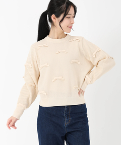 現行品　値札つき　ストロベリーフィールズ　ピンクベージュ　リボンアートニット 現行品 値札つき ストロベリーフィールズ ピンクベージュ リボンアート